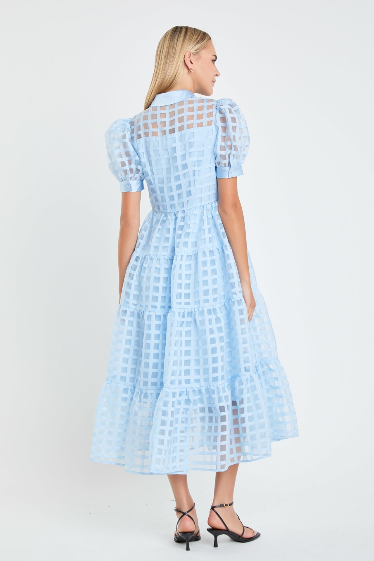 English Factory - Gridded Organza Tiered Puff Sleeve Maxi Dress