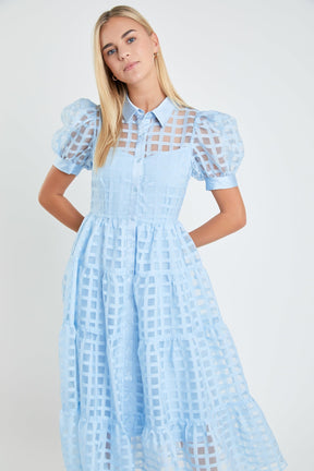 English Factory - Gridded Organza Tiered Puff Sleeve Maxi Dress