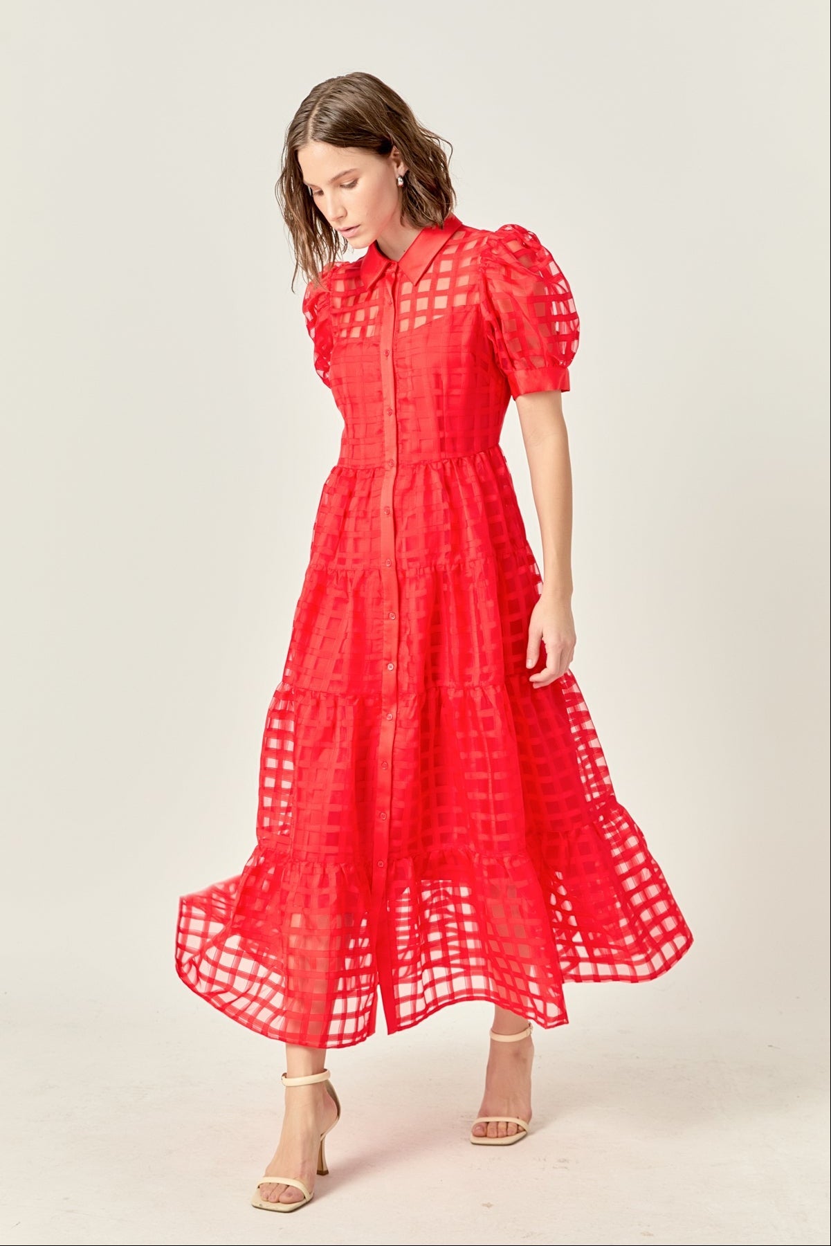 Gridded Organza Tiered Maxi Dress
