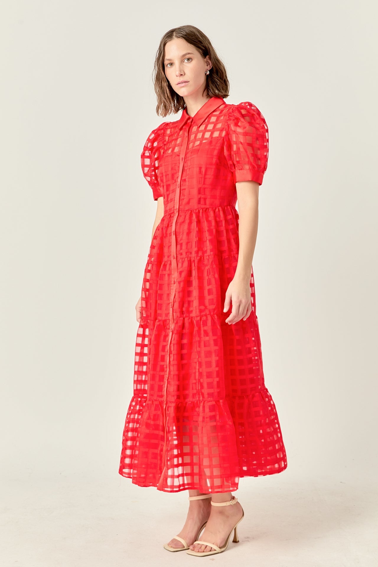 Gridded Organza Tiered Maxi Dress