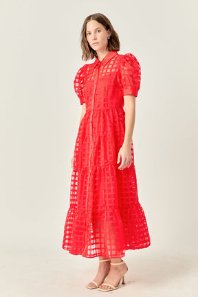 Gridded Organza Tiered Maxi Dress