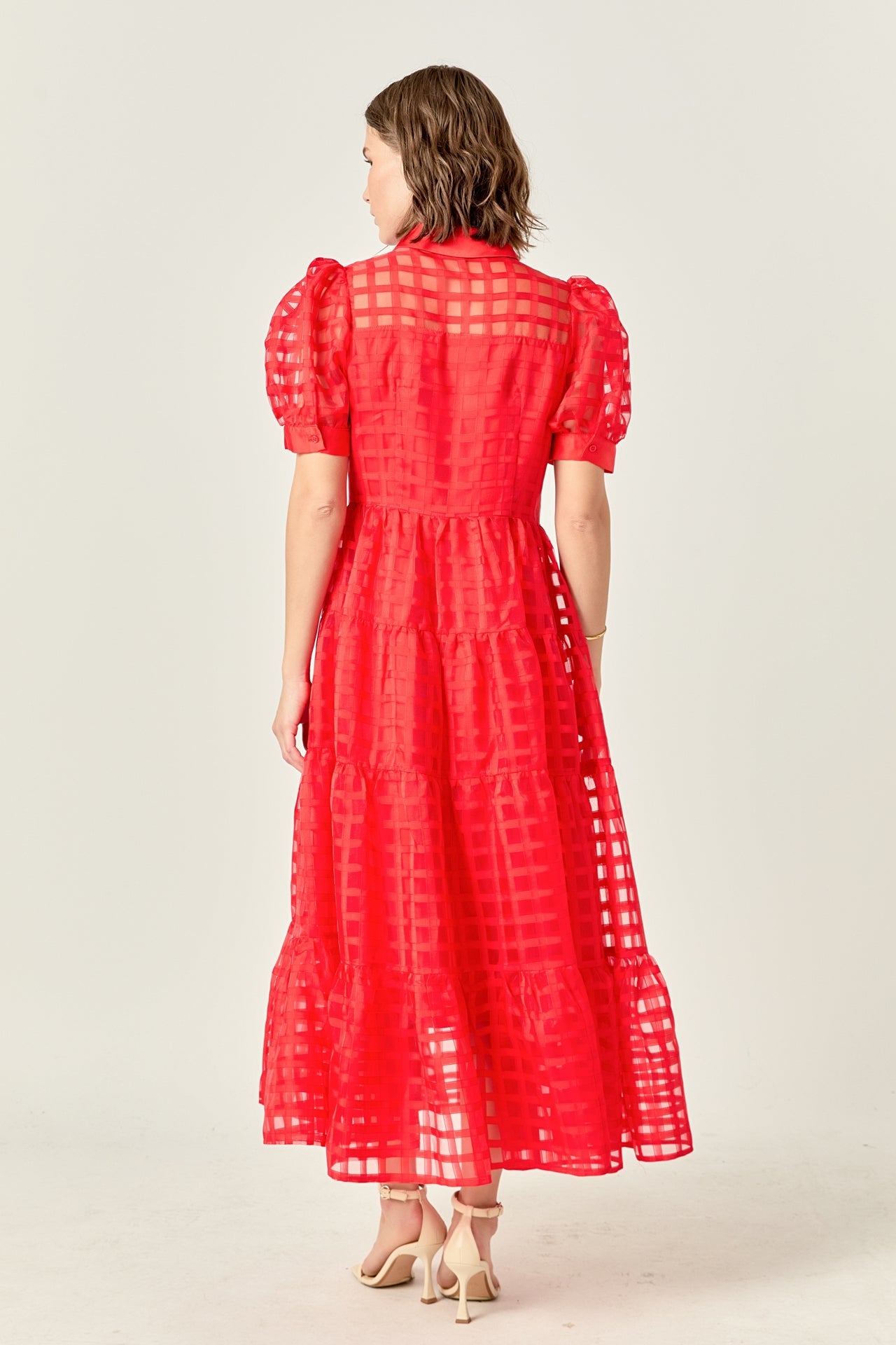 Gridded Organza Tiered Maxi Dress