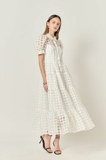 Gridded Organza Tiered Collared Maxi Dress