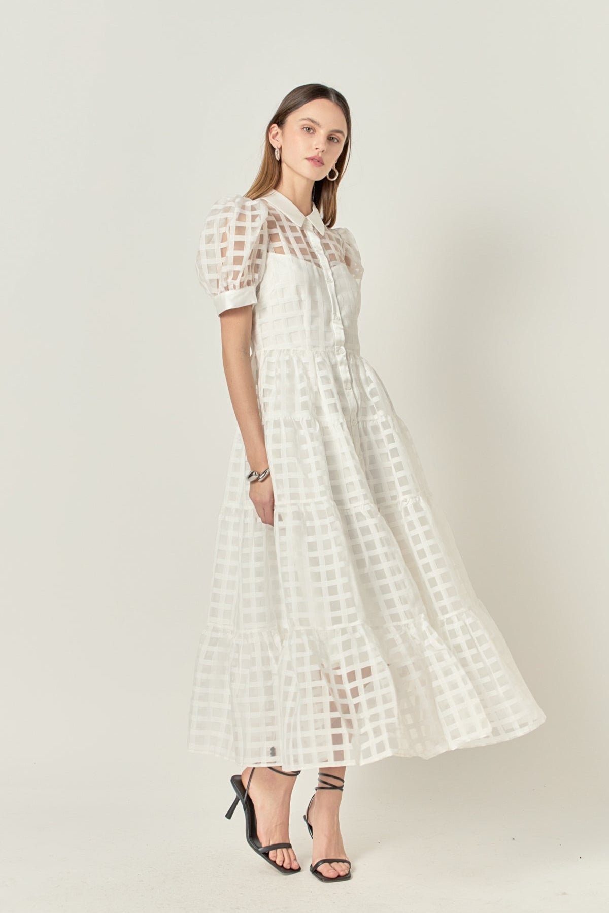 Gridded Organza Tiered Maxi Dress