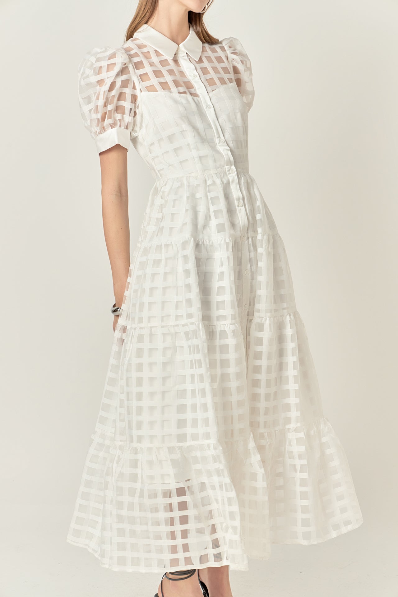 Gridded Organza Tiered Maxi Dress
