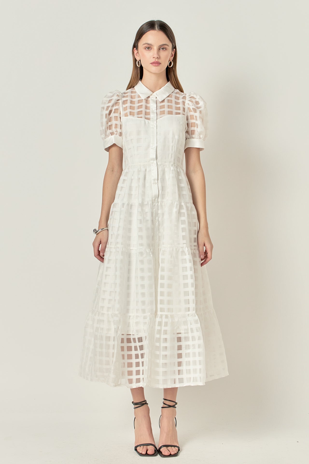 Gridded Organza Tiered Maxi Dress