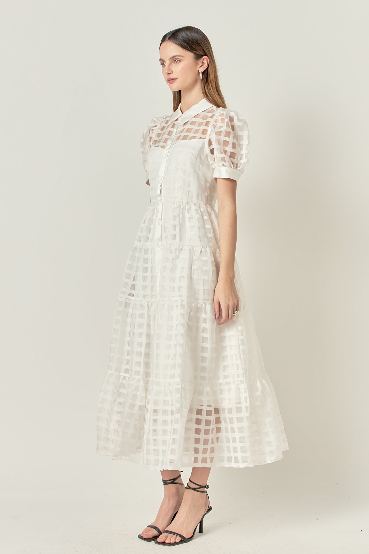 Gridded Organza Tiered Maxi Dress