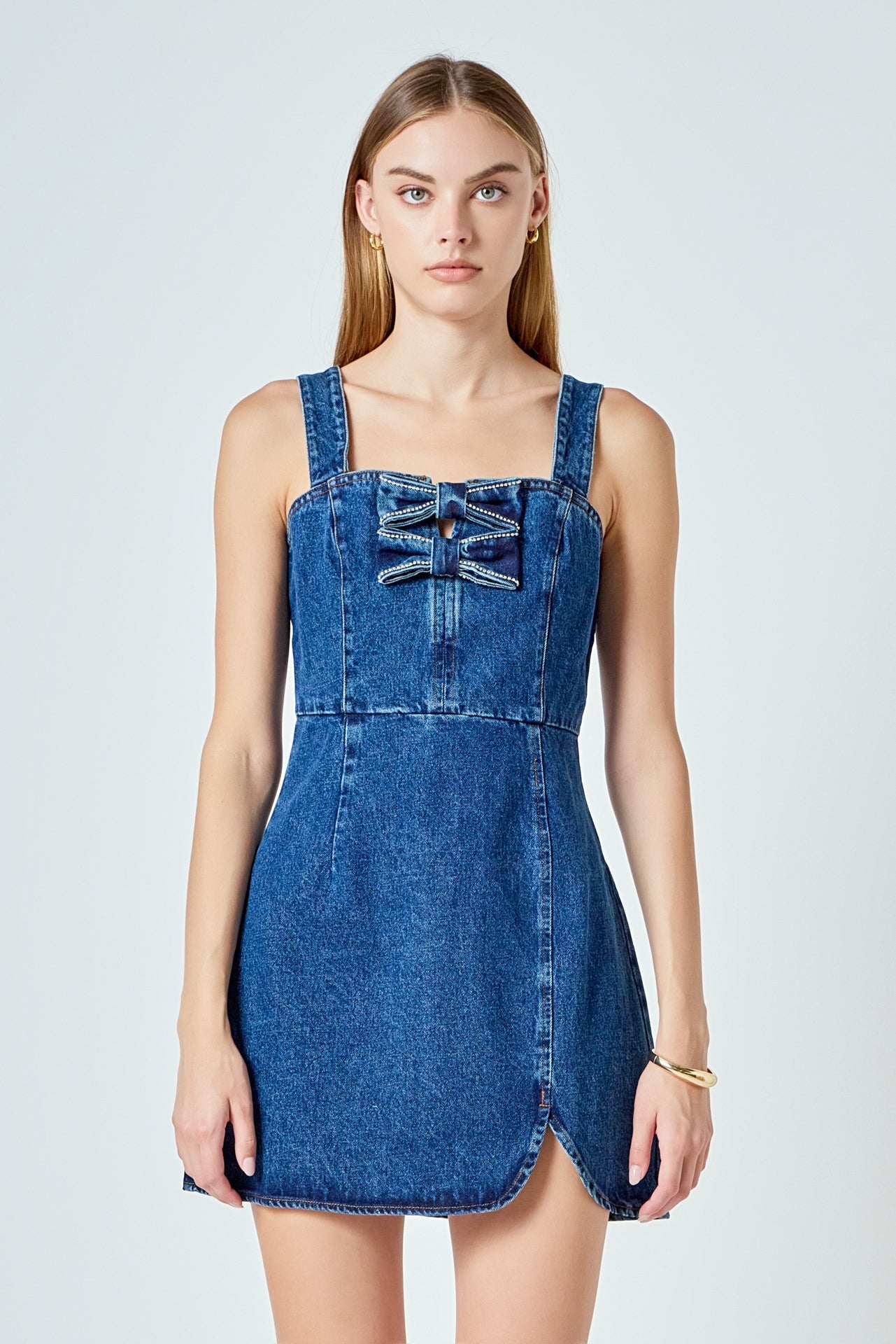 ENDLESS ROSE - Bow Trim Denim Mini Dress - DRESSES available at Objectrare