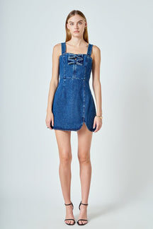 ENDLESS ROSE - Bow Trim Denim Mini Dress - DRESSES available at Objectrare