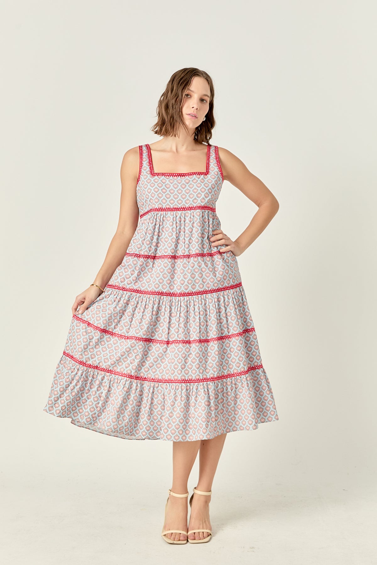 Embroidered Print Midi Dress