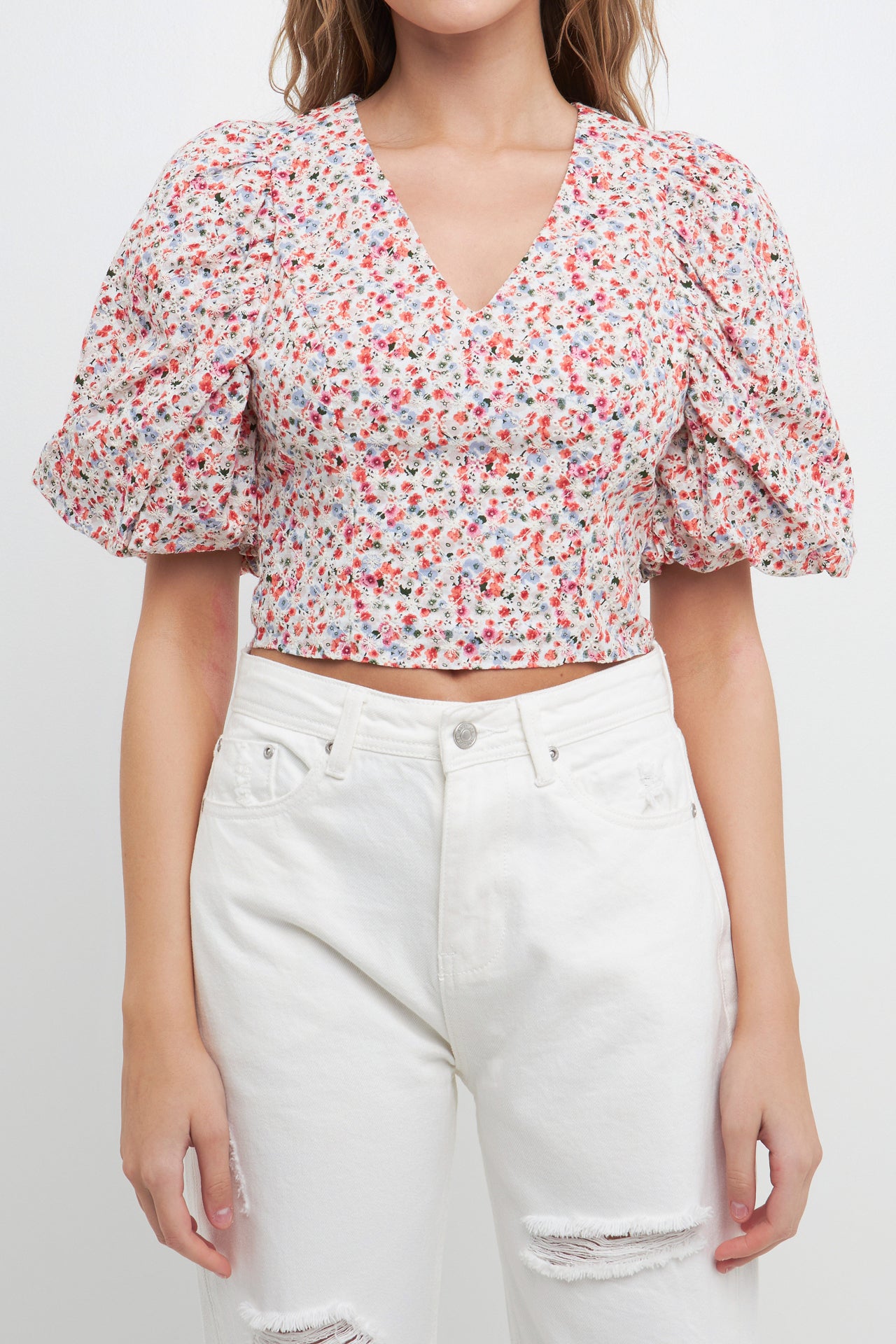FREE THE ROSES - Embroidered Floral Mixed Puff Sleeve Top - TOPS available at Objectrare