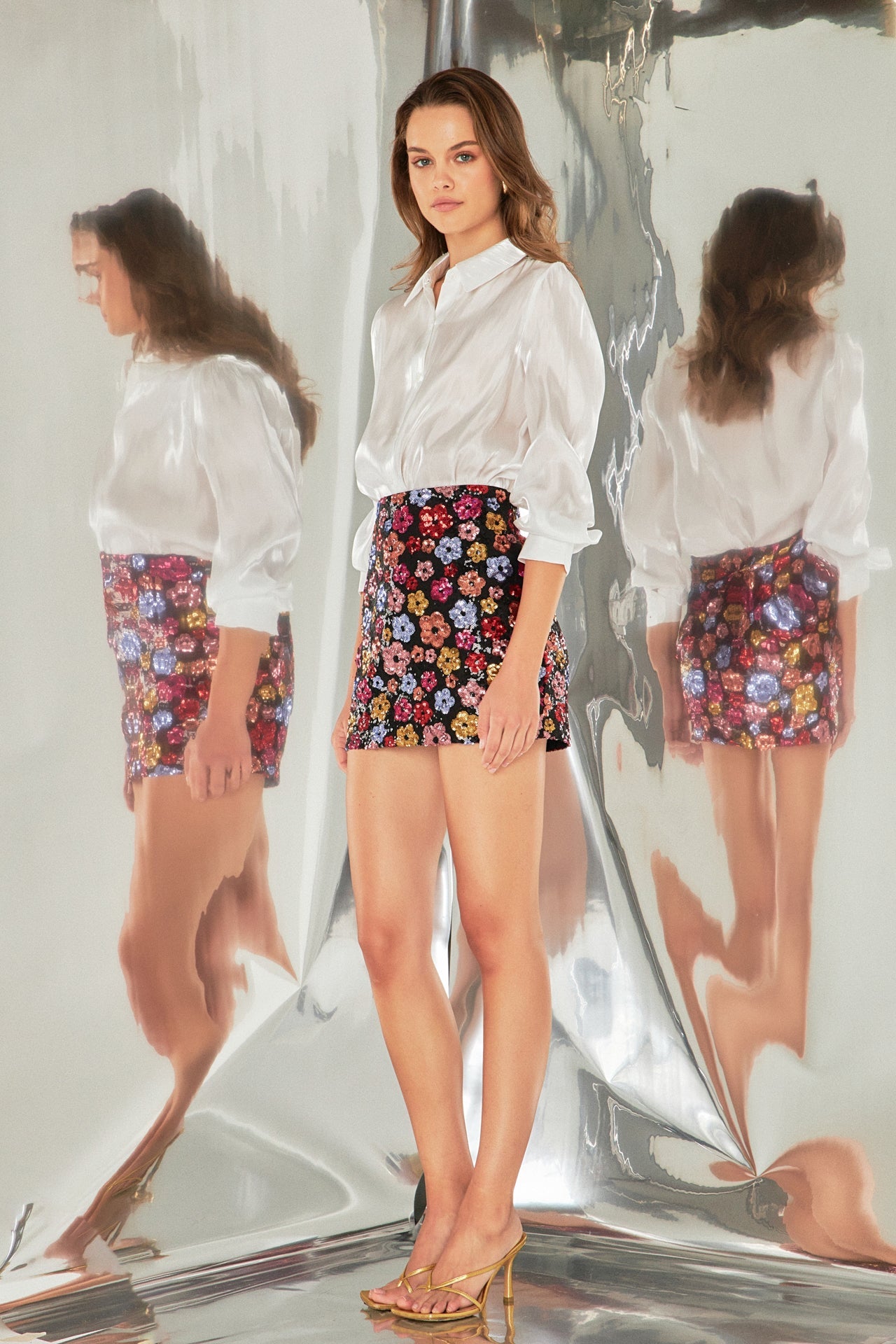 ENDLESS ROSE - Sequins Floral Mini Skirt - SKIRTS available at Objectrare