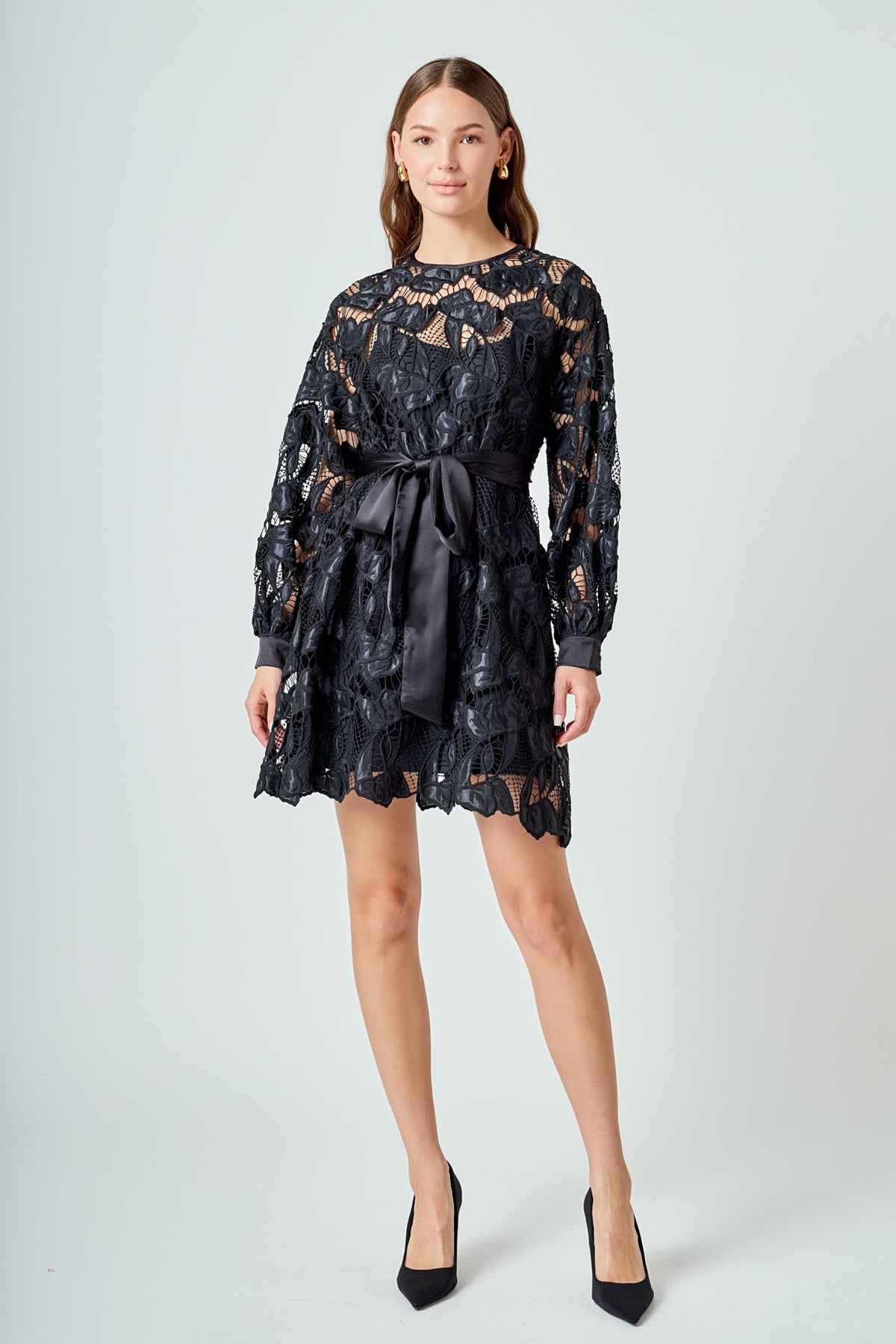 ENDLESS ROSE - Lace Long Sleeve Mini Dress - DRESSES available at Objectrare