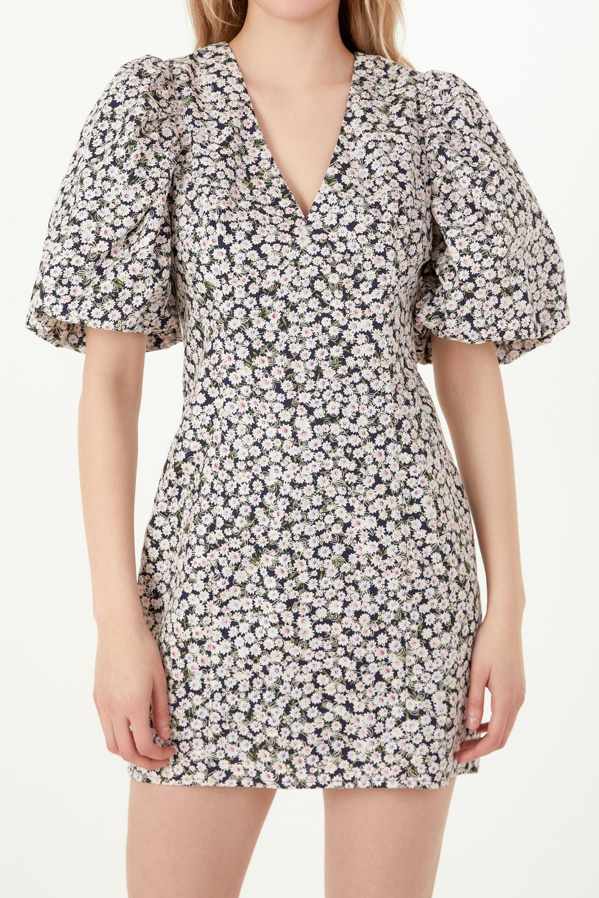 FREE THE ROSES - Embroidered Floral Mix Puff Sleeve Mini Dress - DRESSES available at Objectrare