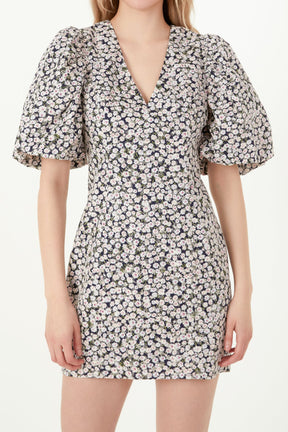 FREE THE ROSES - Embroidered Floral Mix Puff Sleeve Mini Dress - DRESSES available at Objectrare