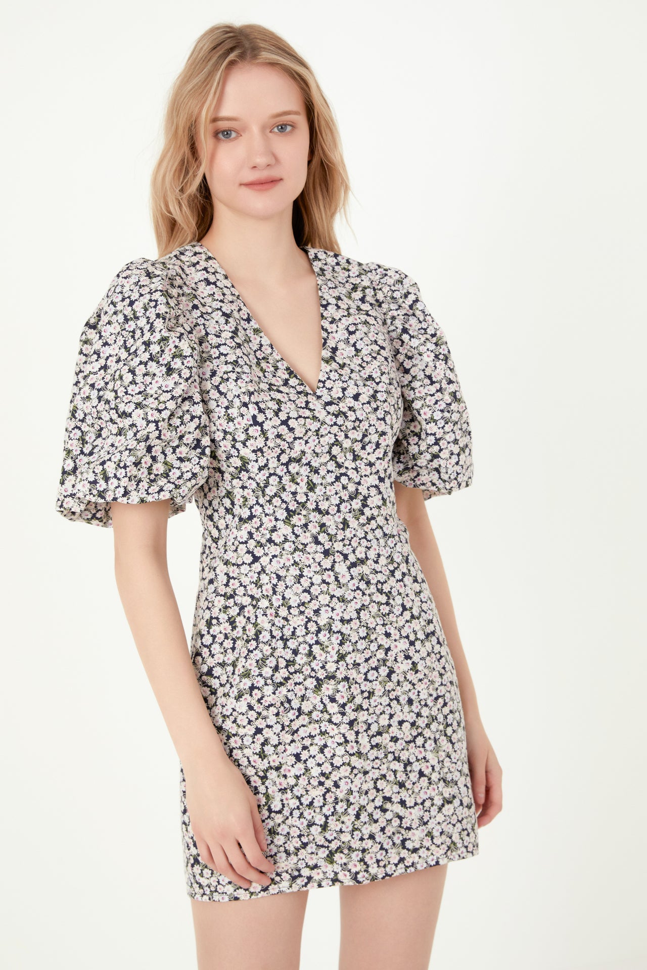 FREE THE ROSES - Embroidered Floral Mix Puff Sleeve Mini Dress - DRESSES available at Objectrare