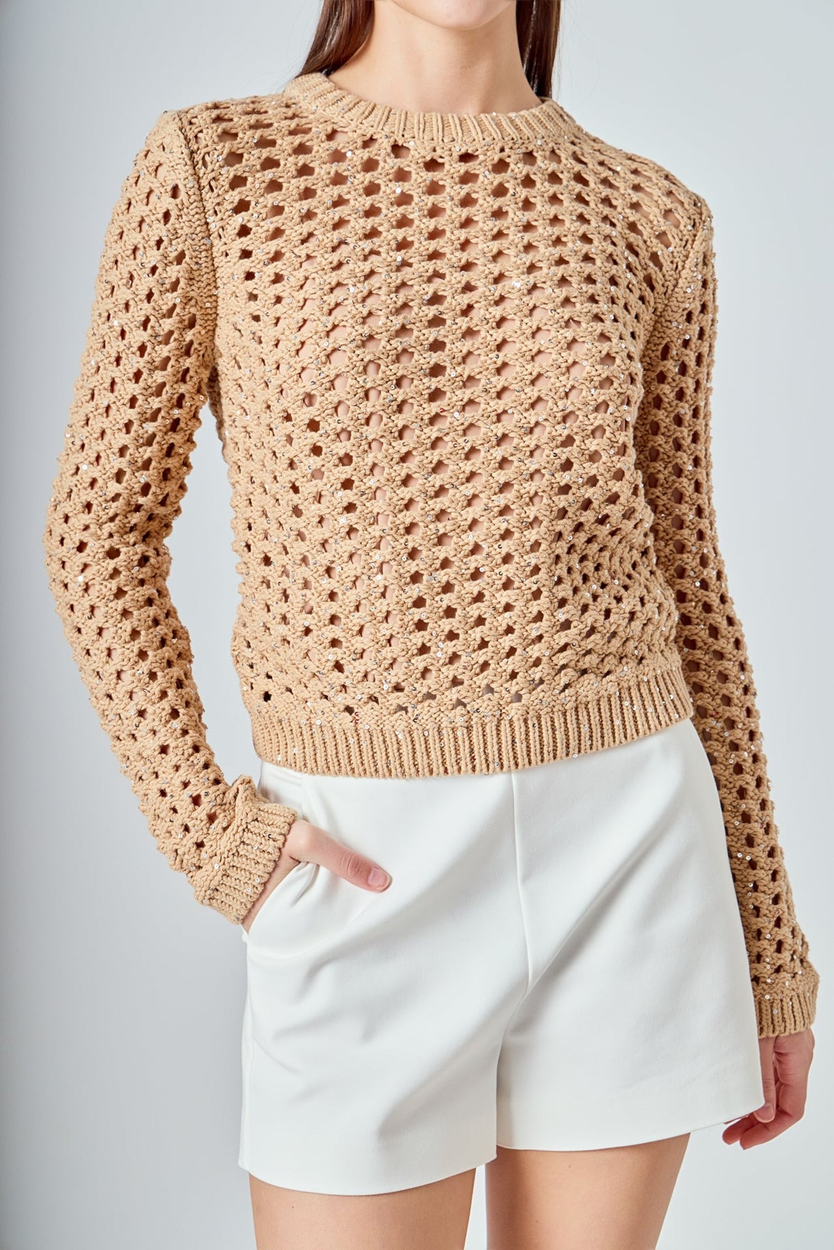 ENDLESS ROSE - Sequins Knit Long Sleeve Top - TOPS available at Objectrare