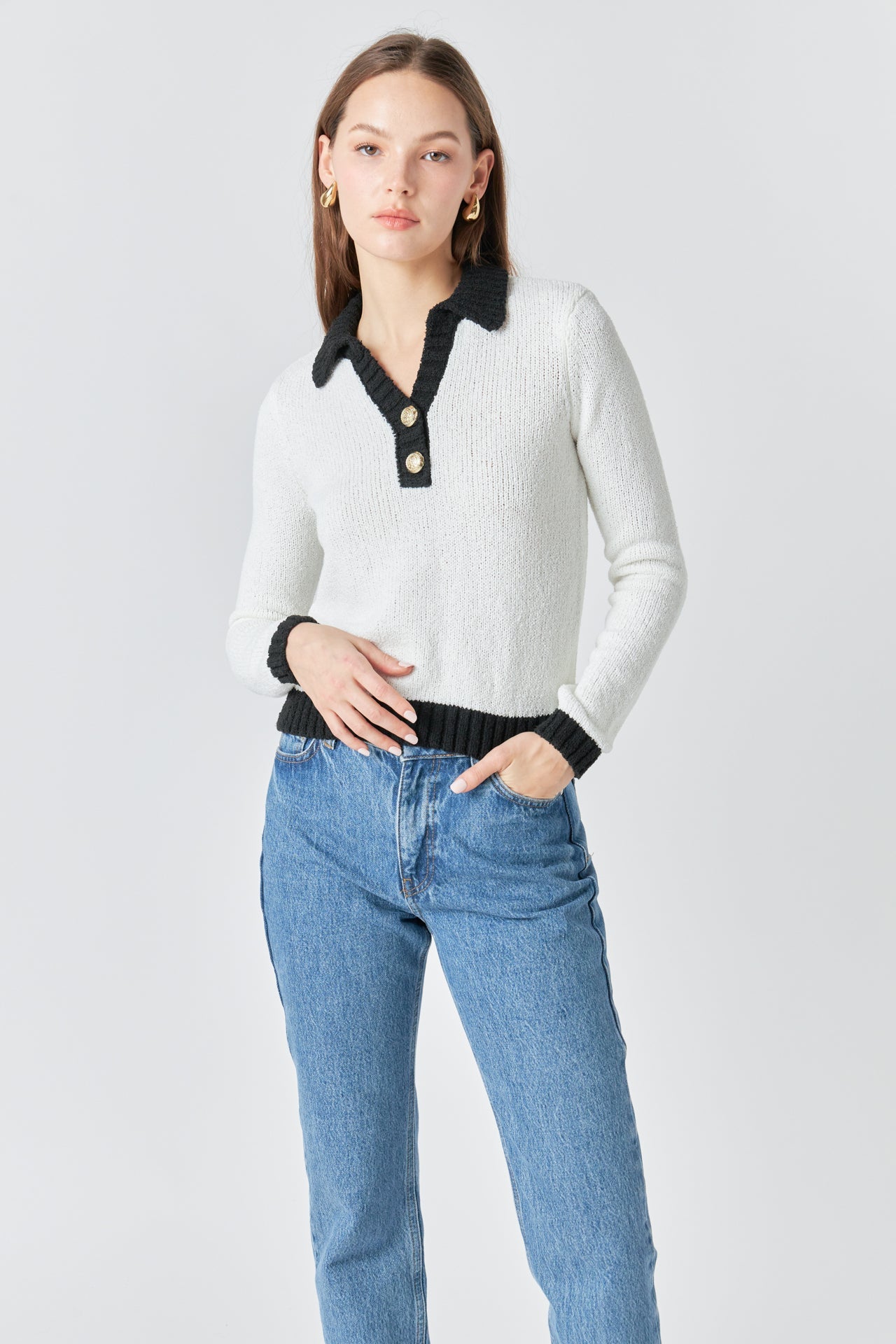 ENDLESS ROSE - Knit Collared Contrast Sweater - SWEATERS & KNITS available at Objectrare