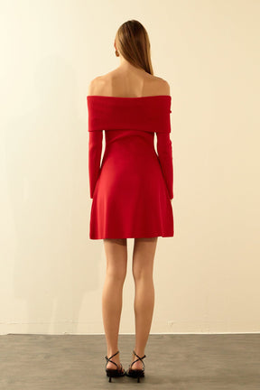 ENDLESS ROSE - Off Shoulder MIni Flare Knit Dress - DRESSES available at Objectrare