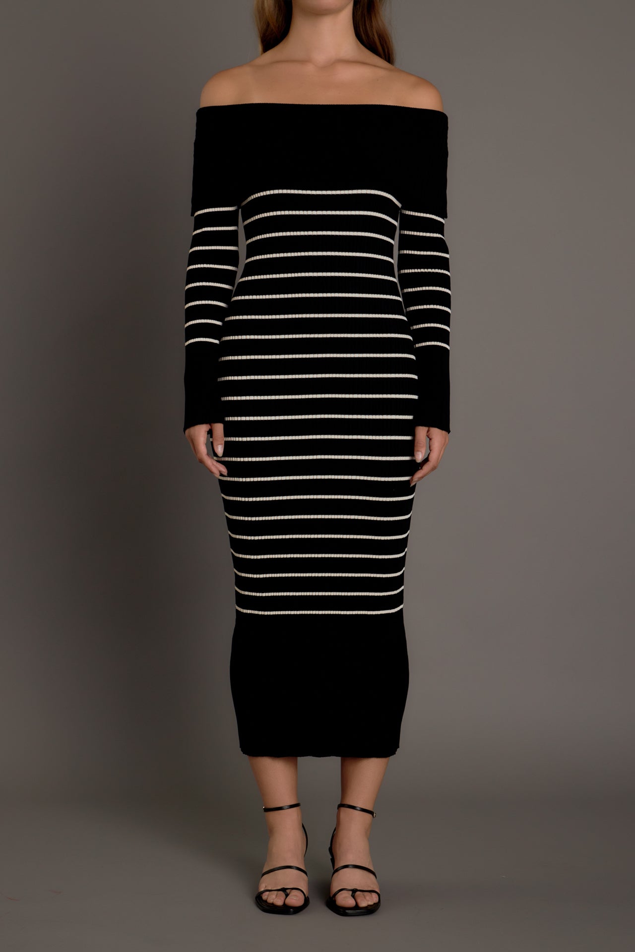 ENDLESS ROSE - Off Shoulder Fold Striped Maxi Dress - DRESSES available at Objectrare