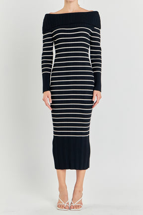 ENDLESS ROSE - Off Shoulder Fold Striped Maxi Dress - DRESSES available at Objectrare