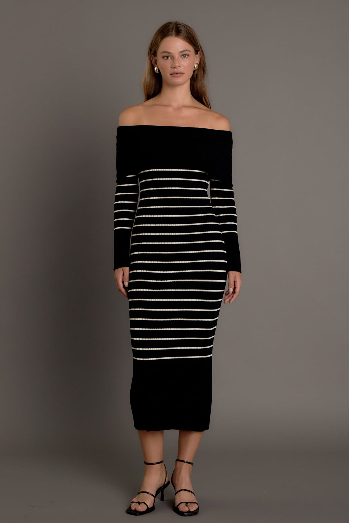 ENDLESS ROSE - Endless Rose - Off Shoulder Fold Striped Maxi Dress - DRESSES available at Objectrare