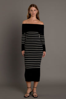 ENDLESS ROSE - Off Shoulder Fold Striped Maxi Dress - DRESSES available at Objectrare