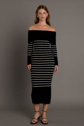 ENDLESS ROSE - Off Shoulder Fold Striped Maxi Dress - DRESSES available at Objectrare