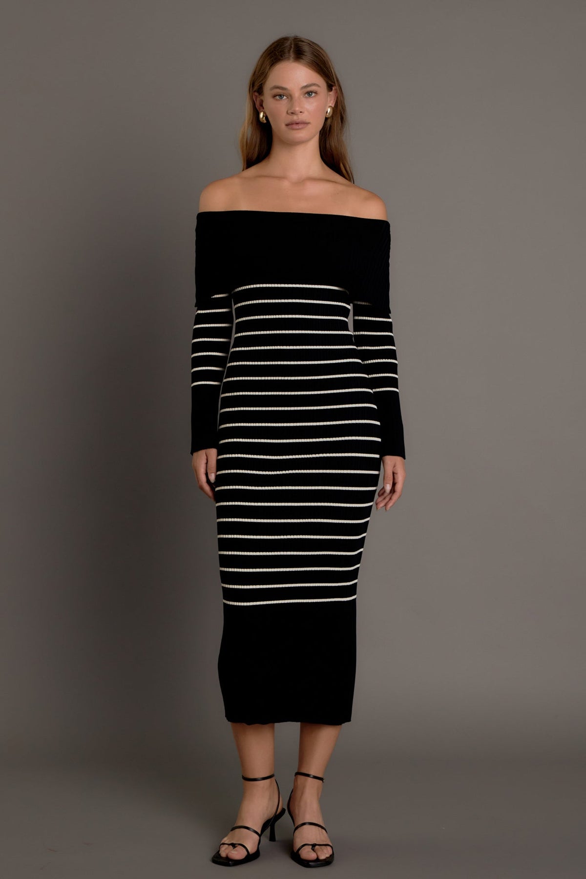 ENDLESS ROSE - Off Shoulder Fold Striped Maxi Dress - DRESSES available at Objectrare