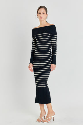 ENDLESS ROSE - Off Shoulder Fold Striped Maxi Dress - DRESSES available at Objectrare