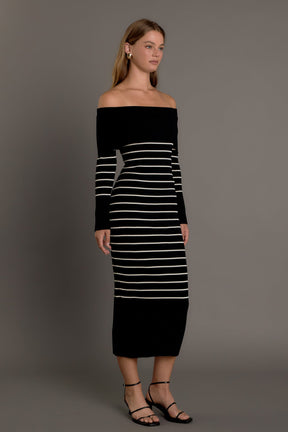 ENDLESS ROSE - Off Shoulder Fold Striped Maxi Dress - DRESSES available at Objectrare