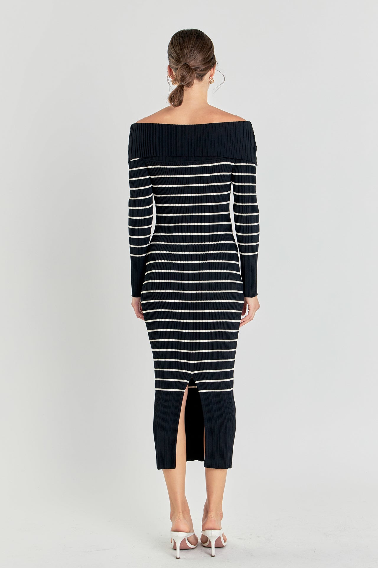 ENDLESS ROSE - Off Shoulder Fold Striped Maxi Dress - DRESSES available at Objectrare