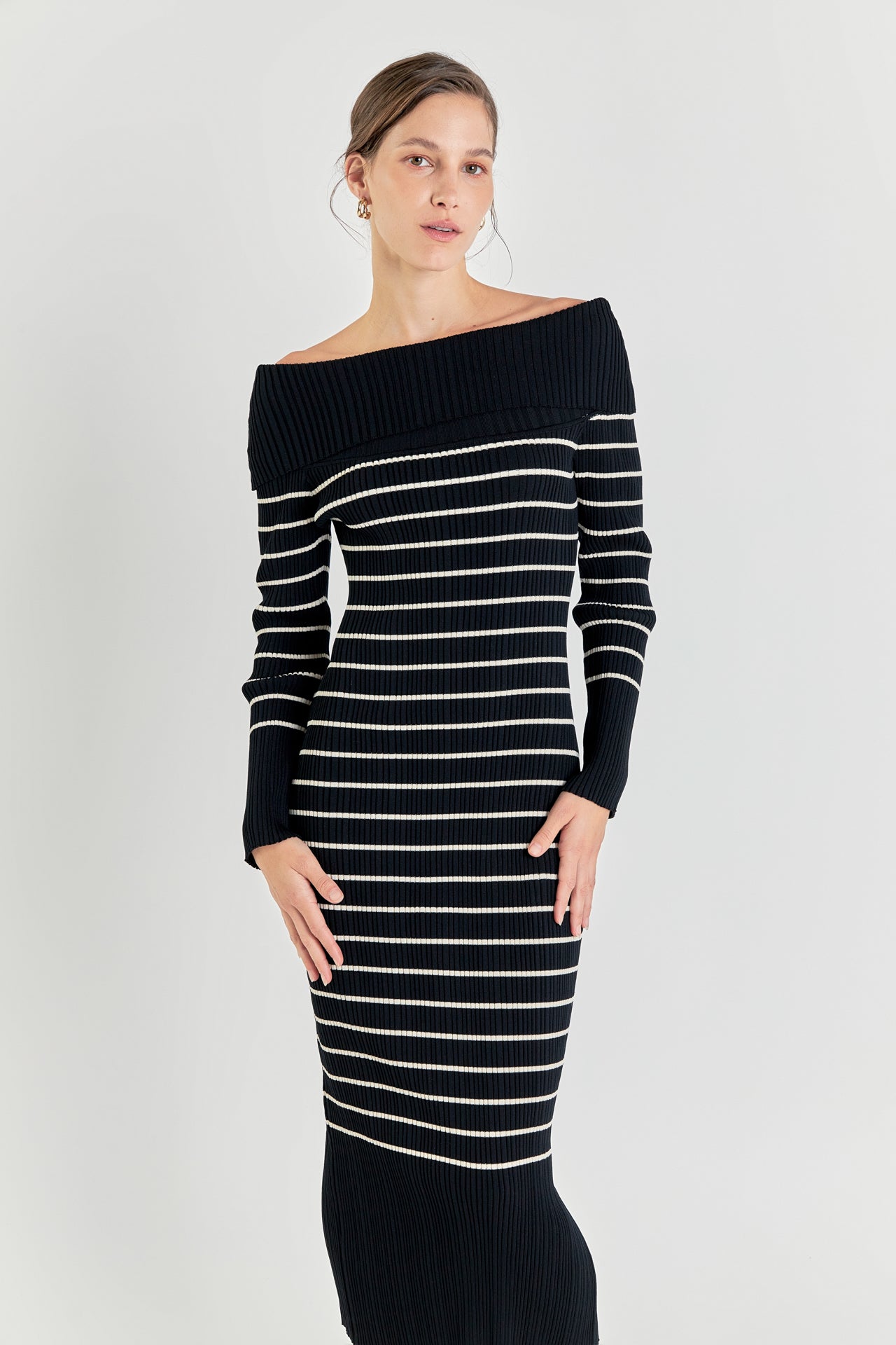 ENDLESS ROSE - Off Shoulder Fold Striped Maxi Dress - DRESSES available at Objectrare