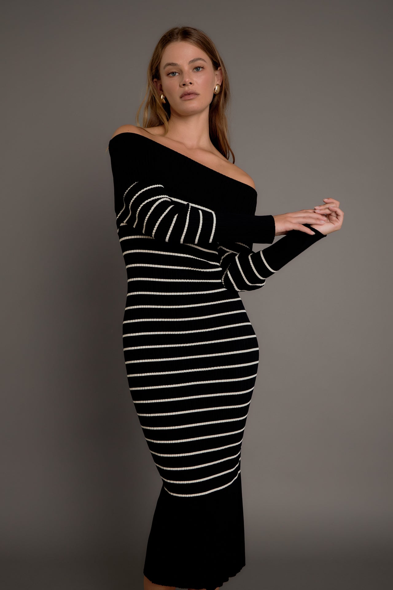 ENDLESS ROSE - Endless Rose - Off Shoulder Fold Striped Maxi Dress - DRESSES available at Objectrare