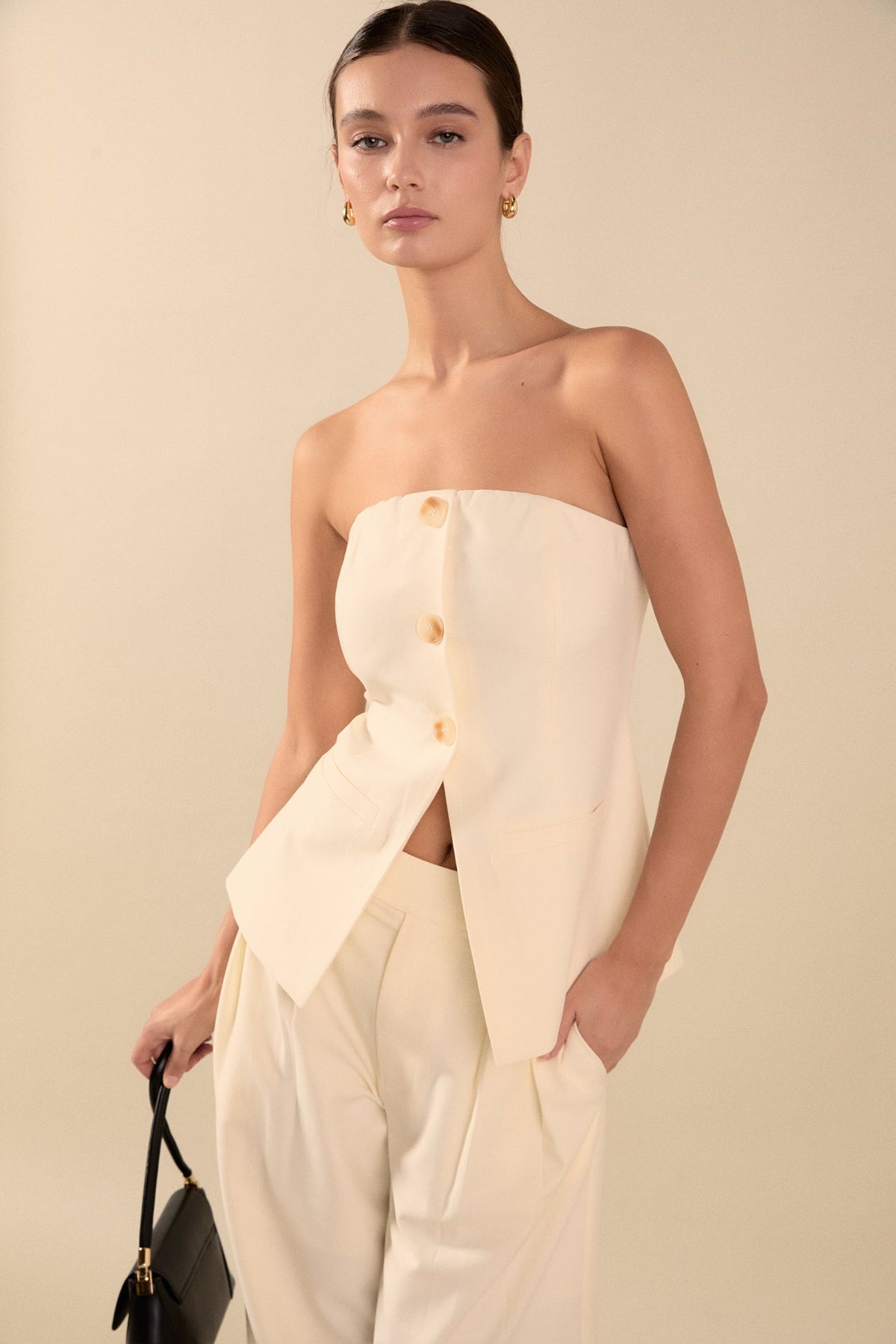 ENDLESS ROSE - Lexy Relaxed 3 Buttoned Strapless Long Top - TOPS available at Objectrare