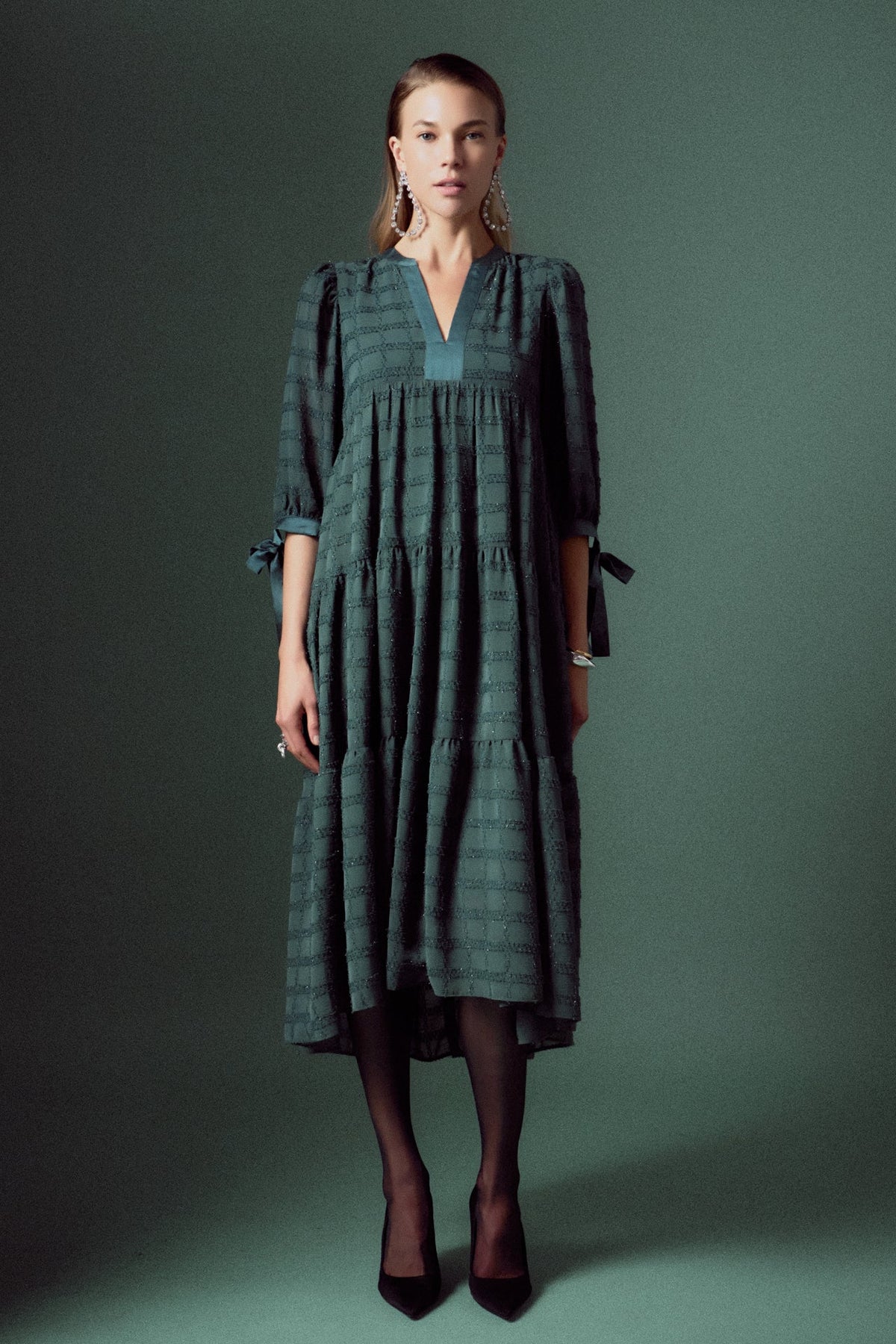 ENGLISH FACTORY - Textured Gridded Chiffon Dress - DRESSES available at Objectrare