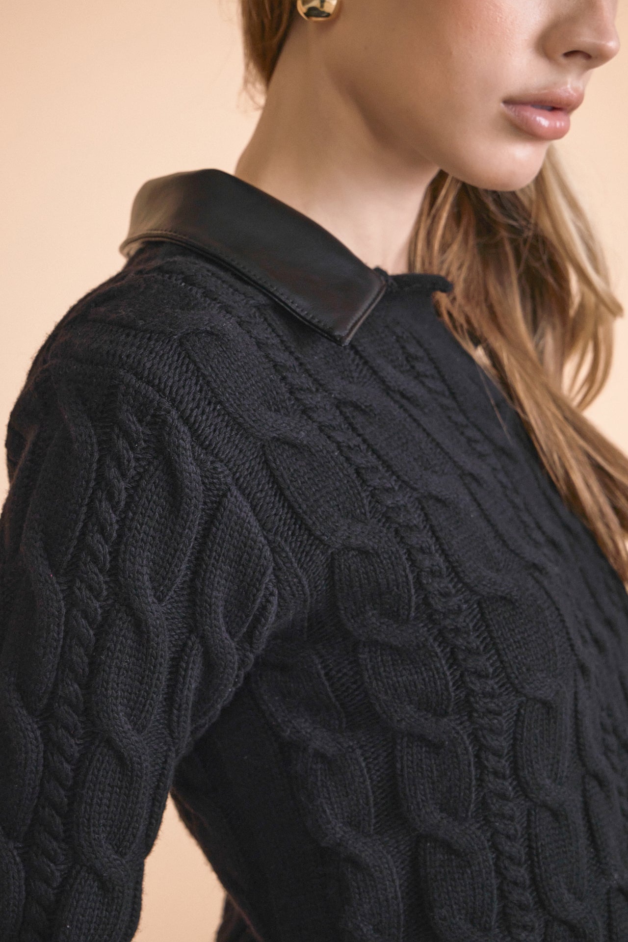 ENDLESS ROSE - Faux leather Cable Knit Sweater - SWEATERS & KNITS available at Objectrare