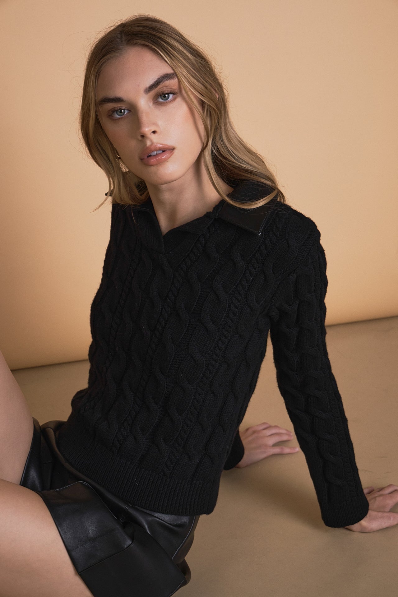 ENDLESS ROSE - Leather Cable Knit Sweater - SWEATERS & KNITS available at Objectrare