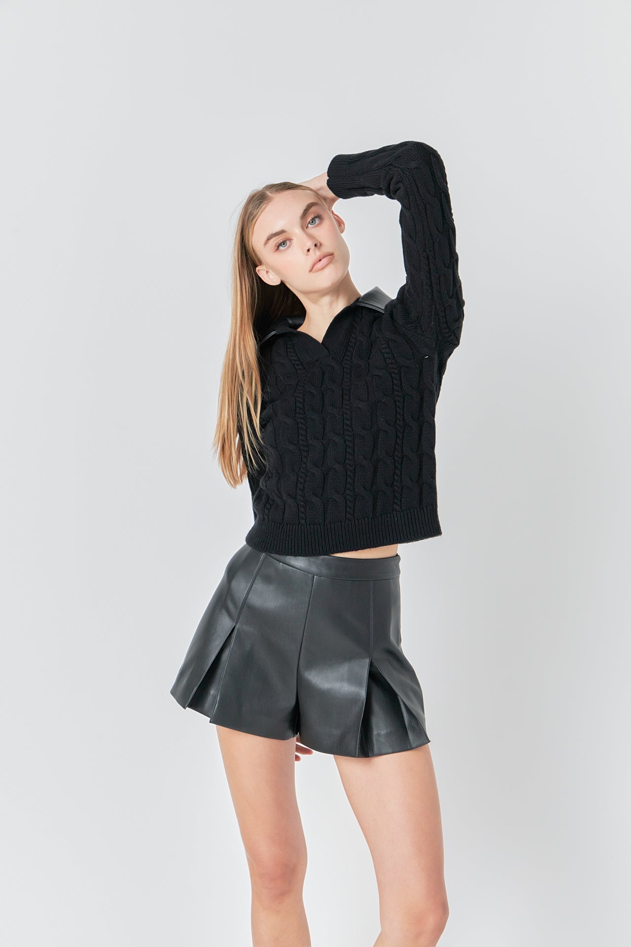 ENDLESS ROSE - Leather Cable Knit Sweater - SWEATERS & KNITS available at Objectrare