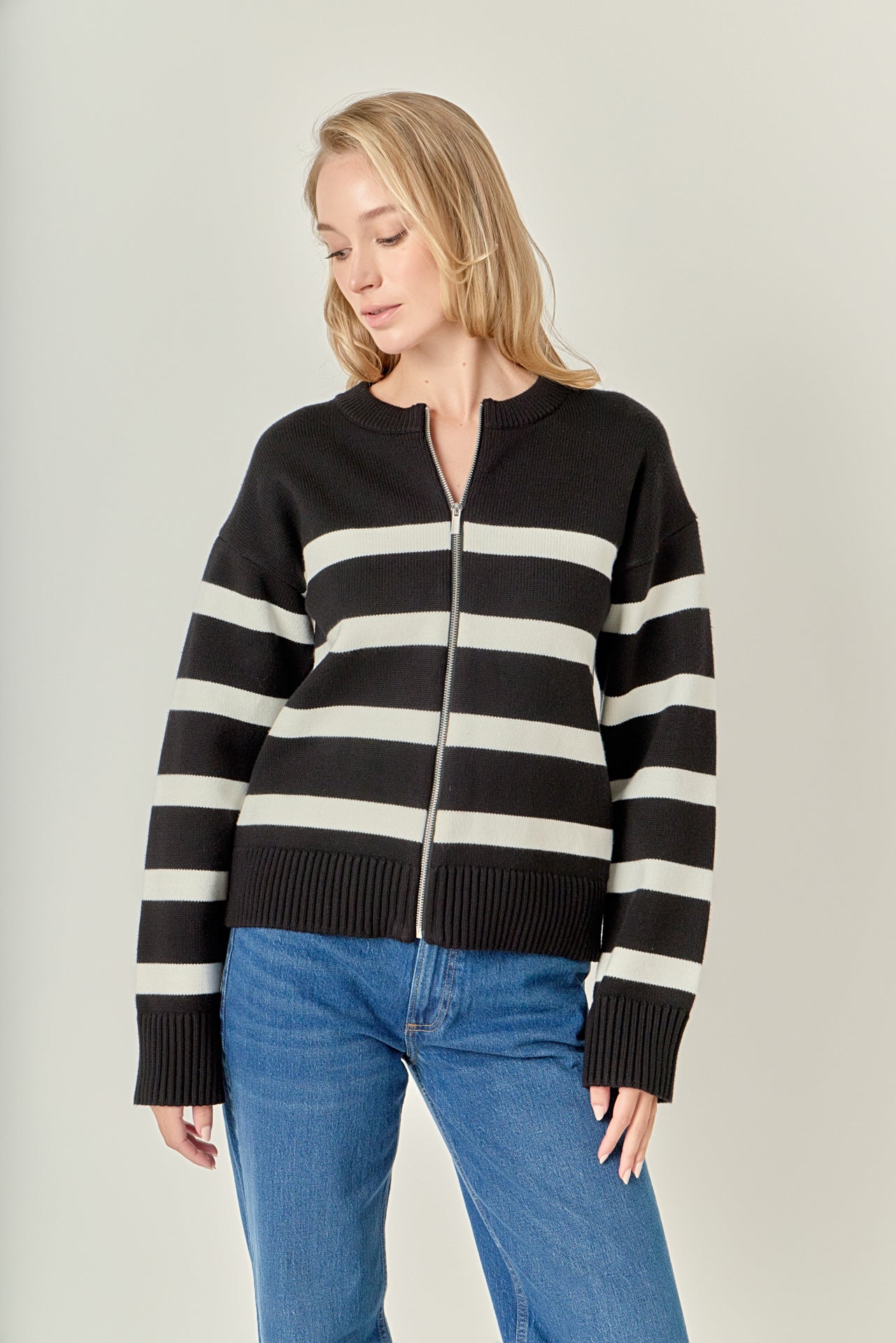 ENGLISH FACTORY - Zip Up Striped Sweater - SWEATERS & KNITS available at Objectrare