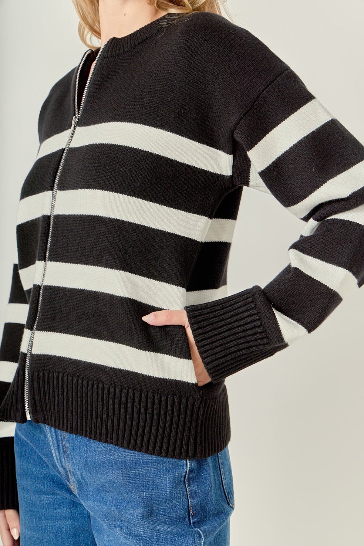 ENGLISH FACTORY - Zip Up Striped Sweater - SWEATERS & KNITS available at Objectrare