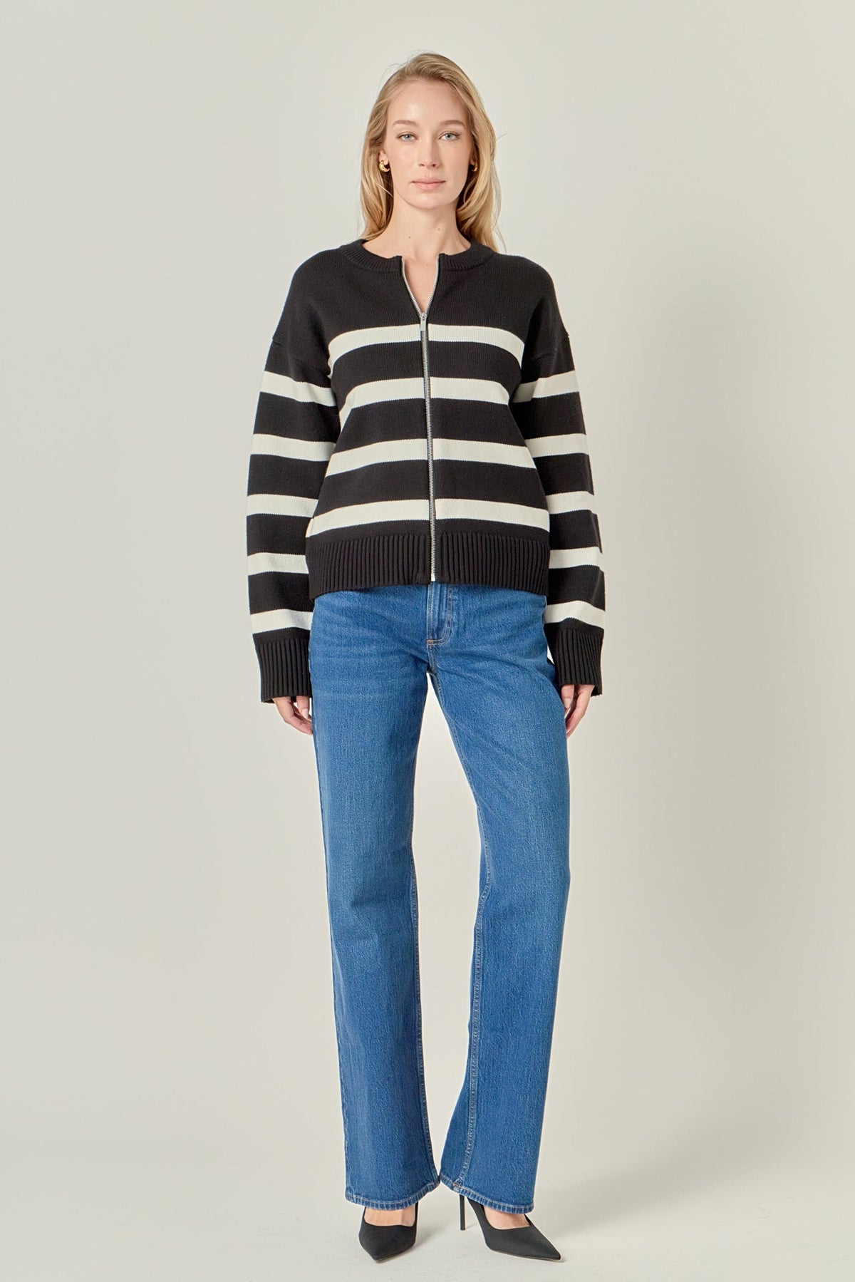 ENGLISH FACTORY - Zip Up Striped Sweater - SWEATERS & KNITS available at Objectrare