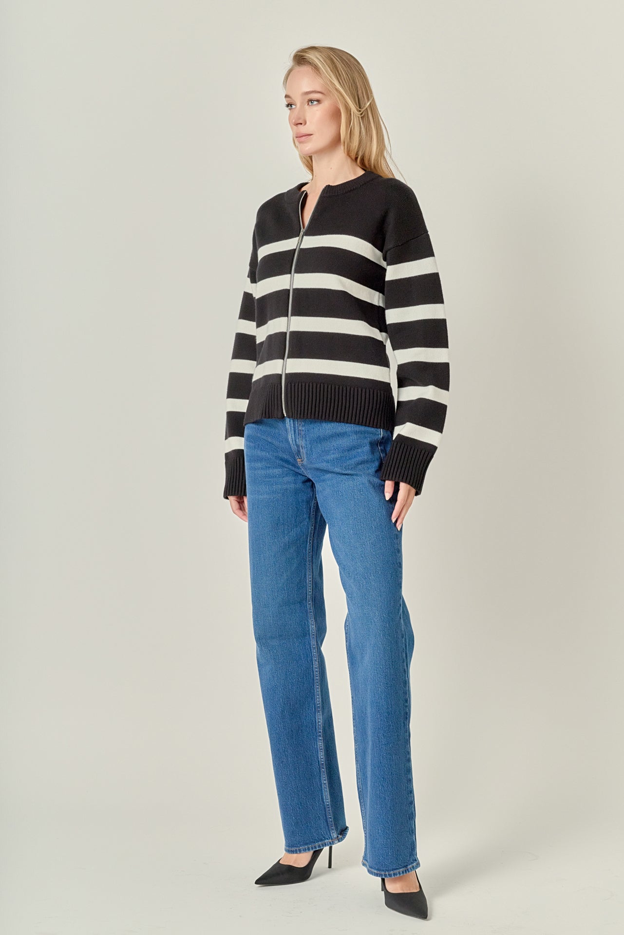 ENGLISH FACTORY - Zip Up Striped Sweater - SWEATERS & KNITS available at Objectrare