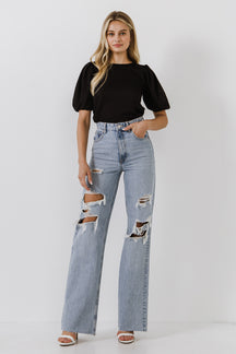 ENGLISH FACTORY - Puff Sleeve Knit Top - SHIRTS & BLOUSES available at Objectrare