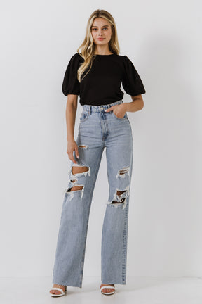 ENGLISH FACTORY - Puff Sleeve Knit Top - SHIRTS & BLOUSES available at Objectrare