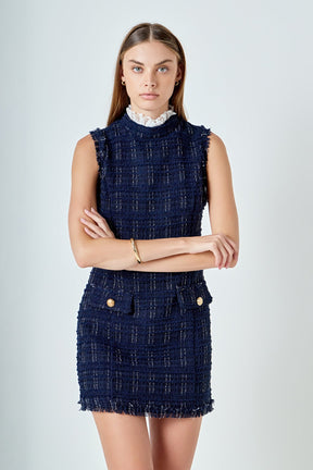 Lace Detail Tweed Mini Dress