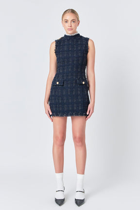 ENDLESS ROSE - Lace Detail Tweed Mini Dress - DRESSES available at Objectrare