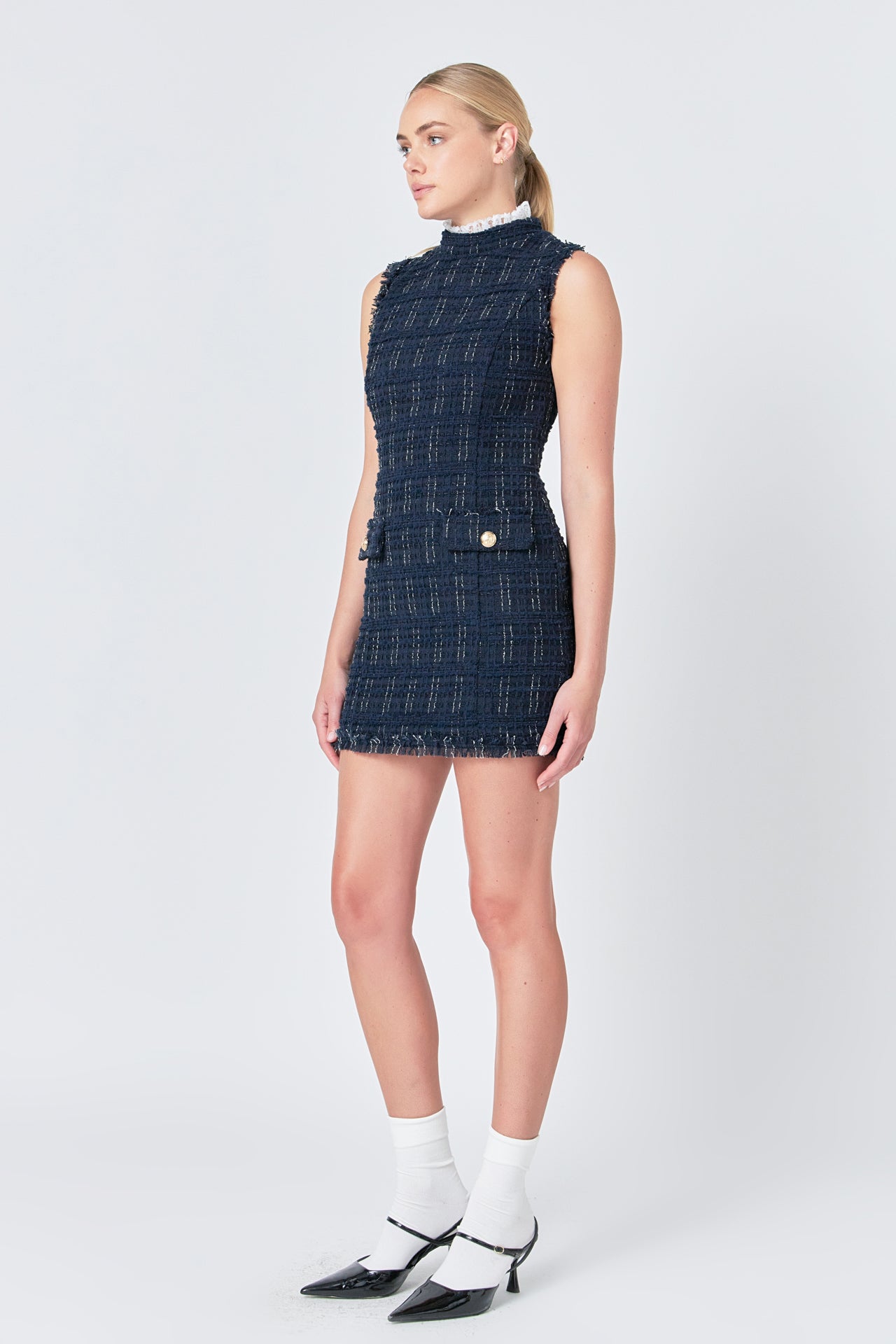 ENDLESS ROSE - Lace Detail Tweed Mini Dress - DRESSES available at Objectrare