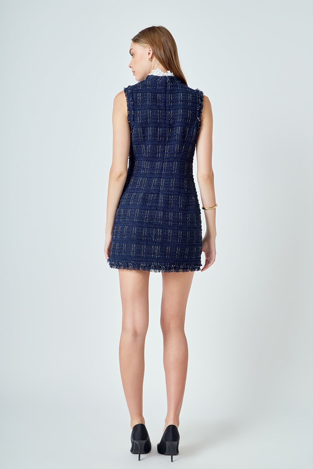 ENDLESS ROSE - Lace Detail Tweed Mini Dress - DRESSES available at Objectrare