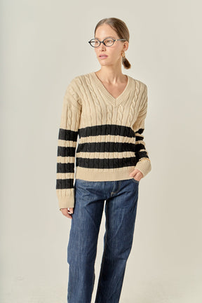 ENGLISH FACTORY - Striped Cable Knit Sweater - SWEATERS & KNITS available at Objectrare